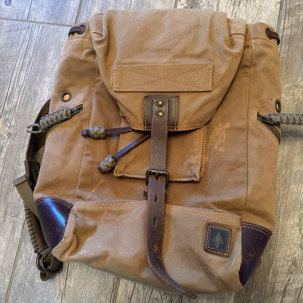 DamnDog Tan Canvas Leather Trim Backpack Rucksack Drawstring Flap Preowned